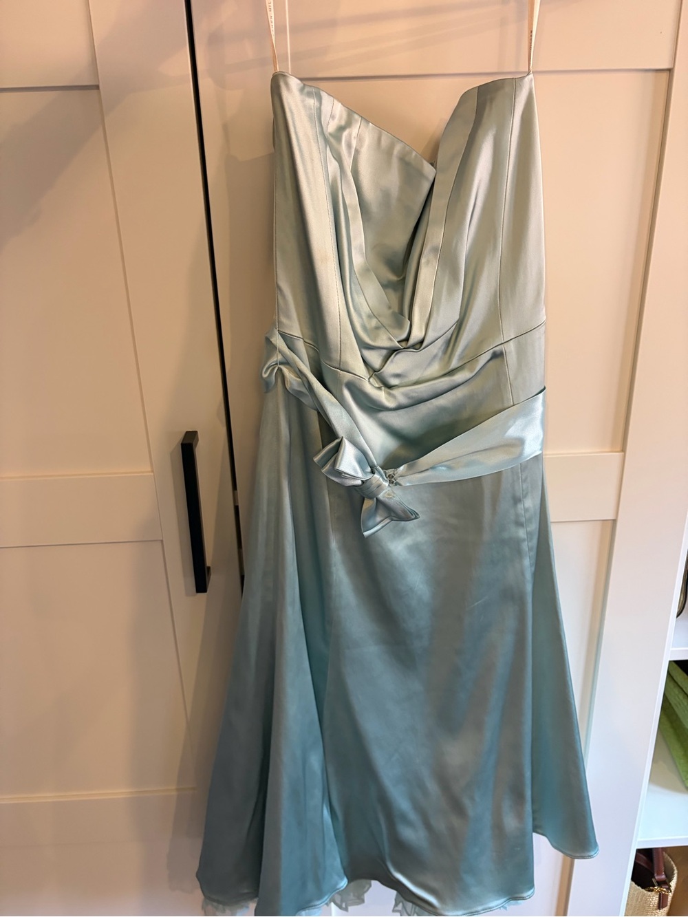 Karen Millen Pale Blue Strapless Satin Dress with Tie Waist